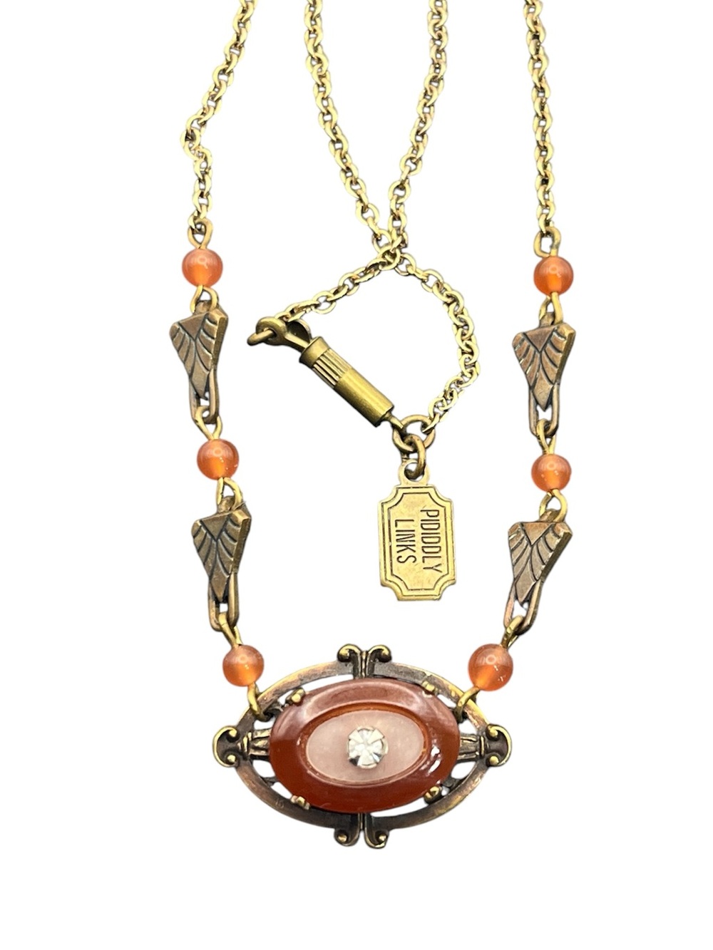 Pididdly Links Art Deco style gold tone orange stone vintage necklace
